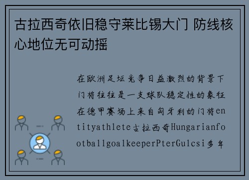 古拉西奇依旧稳守莱比锡大门 防线核心地位无可动摇